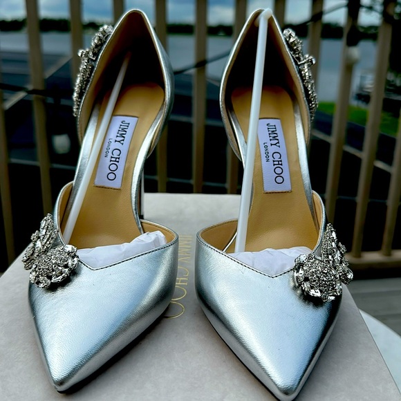 Jimmy Choo Shoes - Jimmy Choo Silver Leather Teja Embellished Heels